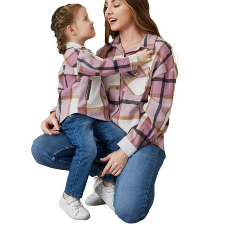 

Huakaishijie Flannel Family Women Girl Plaid Jacket Shacket Long Sleeve Button Down Shirts Coats