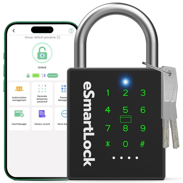 Dhiedas New Smart Padlock with Key, a black heavy-duty combination padlock with a reinforced zinc body and 304 stainless steel locking beam. It features five unlock methods: passcode, Bluetooth app, RFID, key, and Apple Watch. The padlock has a touch keypad with green illuminated numbers and includes two keys and a USB-C charging cable. A smartphone in the background displays the eSmartLock app interface for access management and settings.