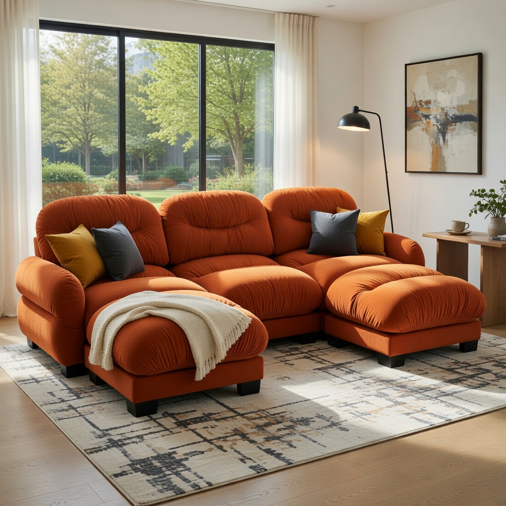 Hommoo Chenille U-Shaped Modular Sectional Sofa with Ergonomic Foam, Pleated Back Design, 3-Seater + 2 Ottomans & Round Throw Pillows, Orange
