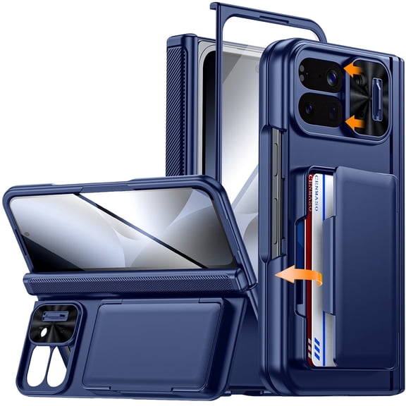 Vizvera for Google Pixel 10 Pro Fold With Card Holder[RFID Blocking]Camera Cover,Hinge Protection,Hidden Kickstand,Screen Protecto Phone Case-Blue