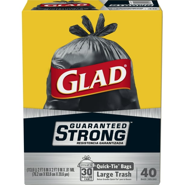 Glad Quick Tie Extra Strong Large Trash Bags, 30 Gallon, 40 Bags