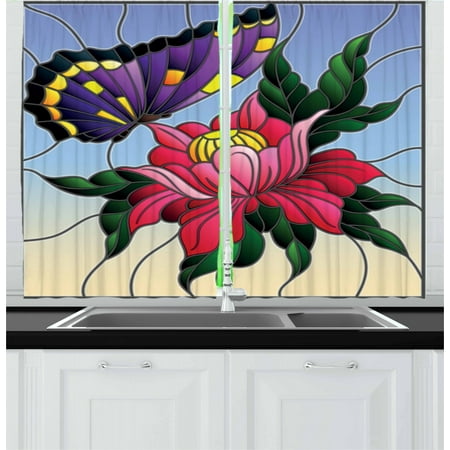 Glass Panels For Garden Walls Aster Curtains 2 Panels Set, Stained Glass Pattern with Butterfly and a Flower Mosaic Garden Art Illustration, Window Drapes for Living Room Bedroom, 55W X 39L Inches, Multicolor, by Ambesonne ()
