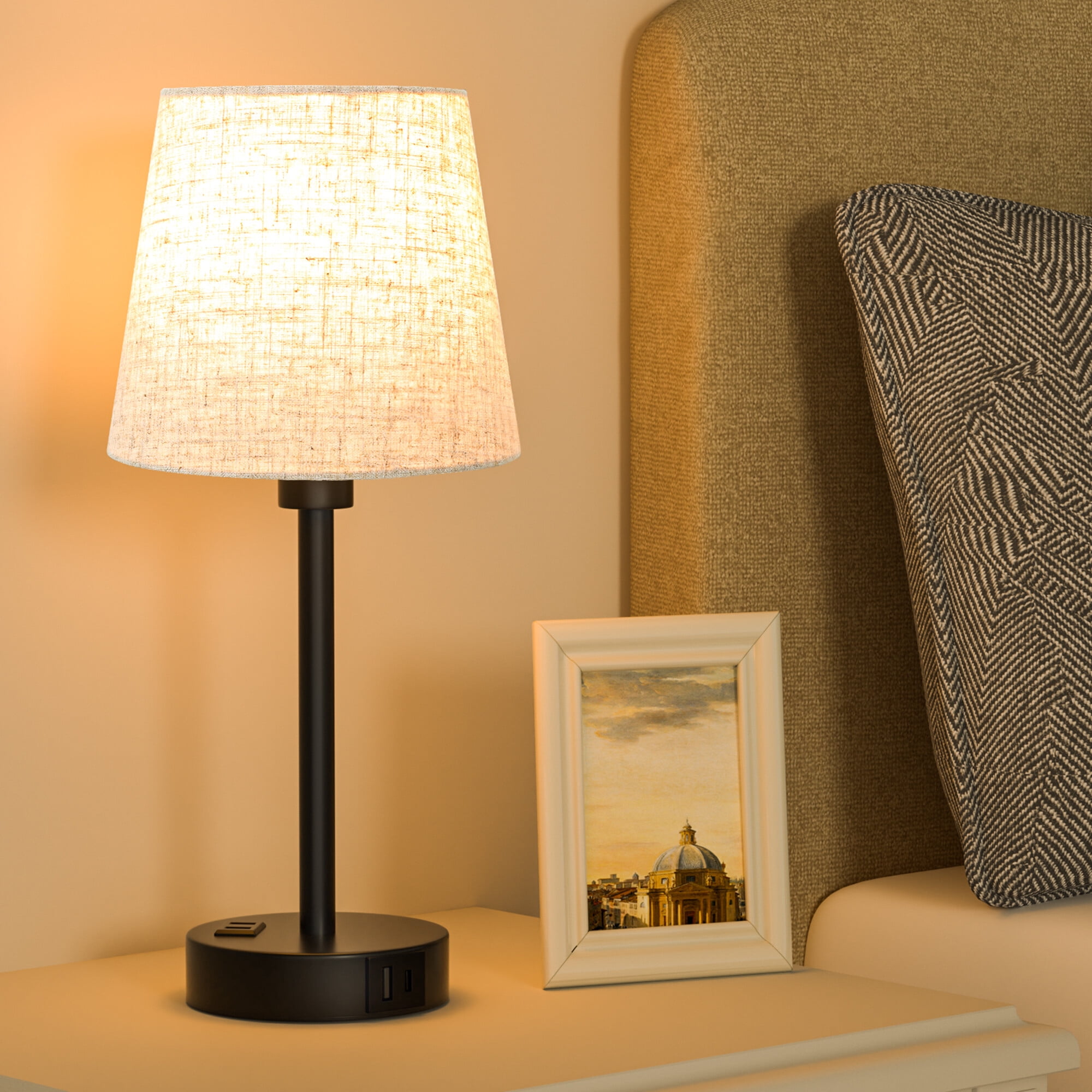 Set of 2 Modern Table Lamp Set with Touch Control, AC Outlet and USB A&C Ports for Bedroom, Livingroom