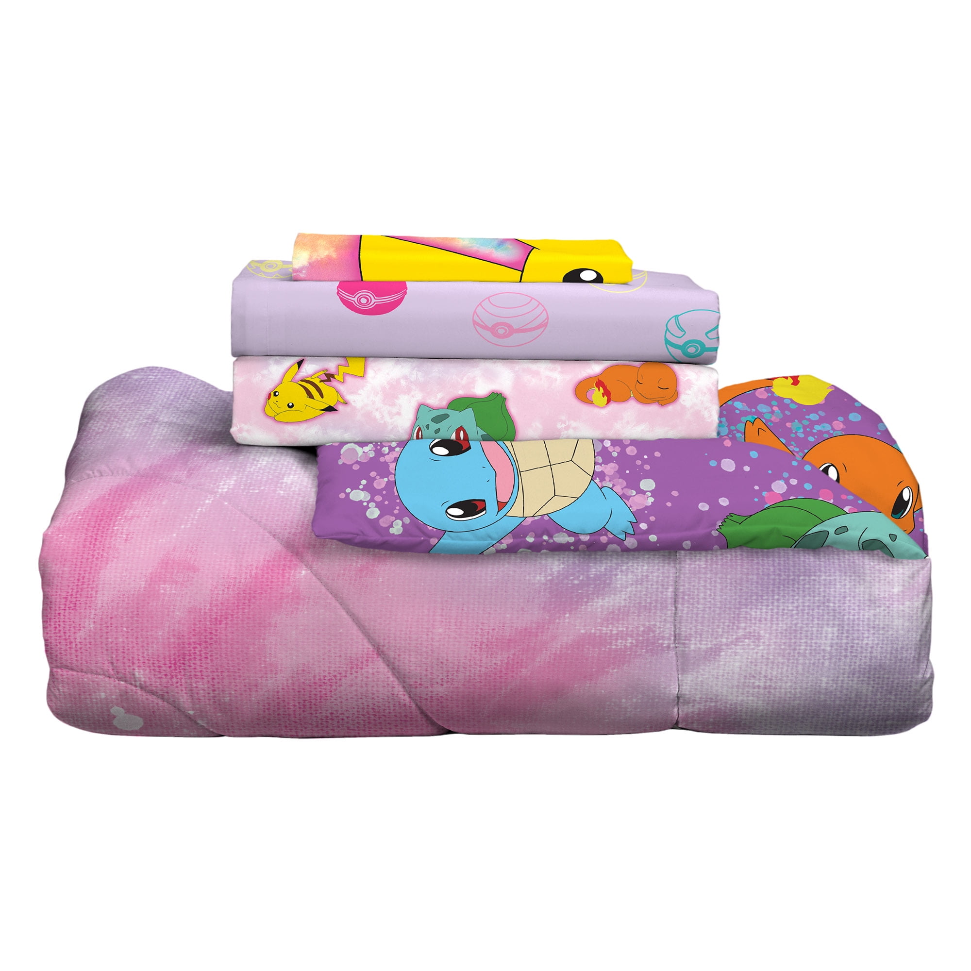 Pokemon Kids 4 Piece Purple Pink Tie Dye Reversible Comforter, Bed in a Bag, Twin
