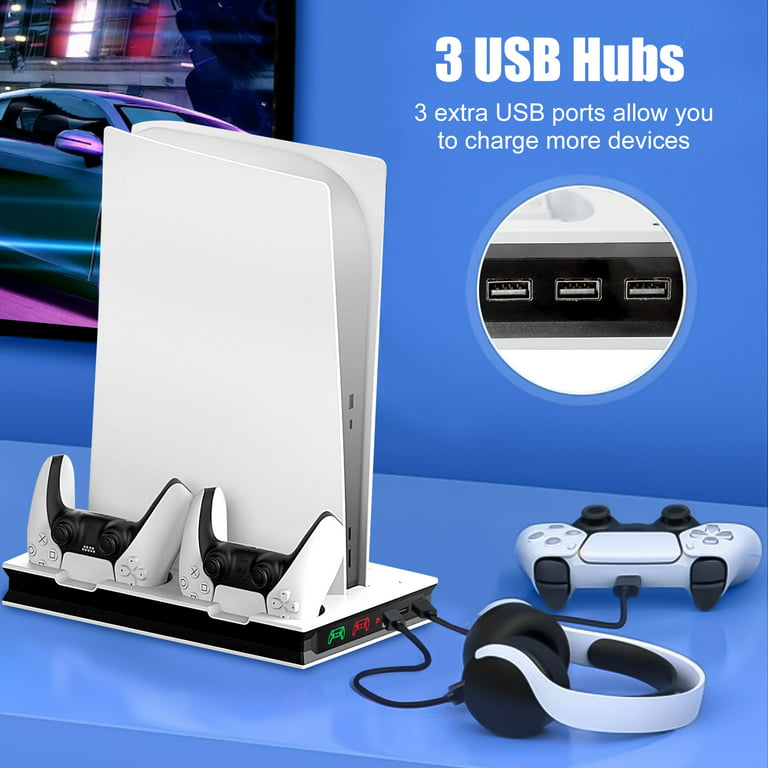  FONGWAN PS5 Slim Vertical Stand with Cooling Fan and Dual  Controller Charger Station for Playstation 5 Slim Console, PS5 Slim Stand  with Headset Holder, Media Slot, Compatible with PS5 Slim Console 