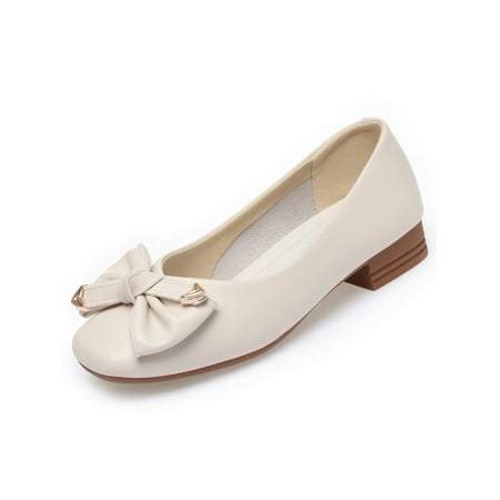 

Lacyhop Ladies Walking Fashion Slip On Pumps Dance Casual Square Toe Dress Shoes Anti-Slip Chunky Flats Beige 5.5