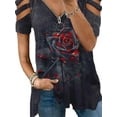 thumbnail image 4 of JustVH Women Quarter-Zip Tops Summer Short Sleeve Tee Rose Print Graphic T-Shirts, 4 of 5