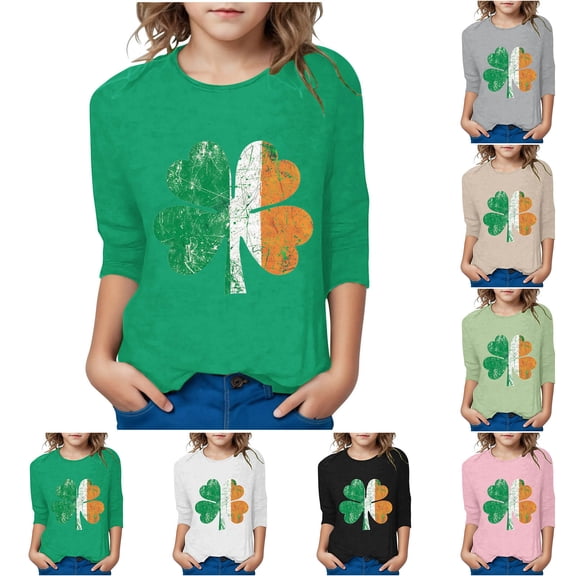Lovzfmll Boys & Girls St. Patrick's Day Print Top, Casual Three-Quarter Sleeve Tee, Shamrock Graphic Crew Neck Shirt for Toddler 3-4 Years