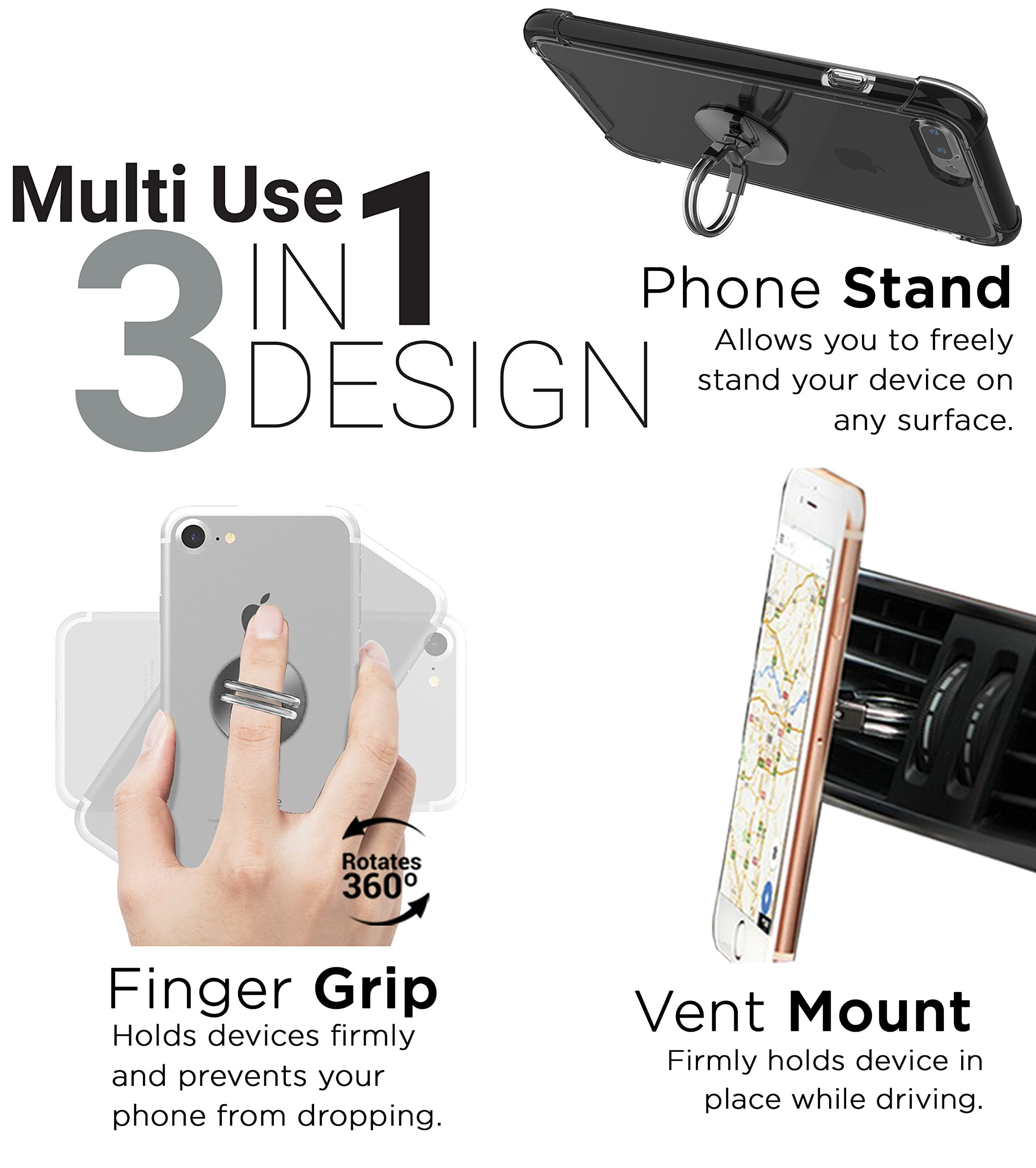 for iPhone 11 X XR XS 8 7 Plus 6S 6 5s 5 SE Tomorotec Clear Cell Phone Ring Holder Stand with Black Car Mount Hook 3 Pack Transparent Phone Ring with Diamond Silver Galaxy S8 S7 S6 Edge