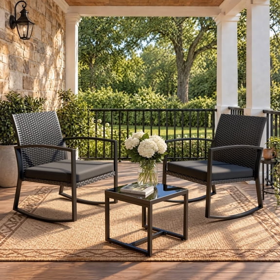 3-Piece Patio Rocking Chair Set, Outdoor PE Rattan Wicker Bistro Furniture with Cushions and Tempered Glass Coffee Table for Porch, Balcony or Backyard Medium Gray