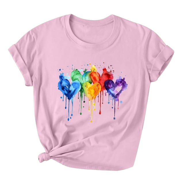 Pisexur Hauts pour Femmes T-Shirts Fierté LGBT Mignons Teinture sur Nœuds Cœur Graphique Tee Tops Décontractés Col Rond Manches Courtes Blouses Amples Amour et Égalité T-Shirts Été Confortables Basiques