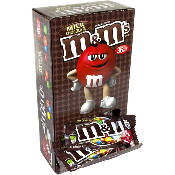 M&M's Milk Chocolate Candy, 1.69 Oz (36 count box).