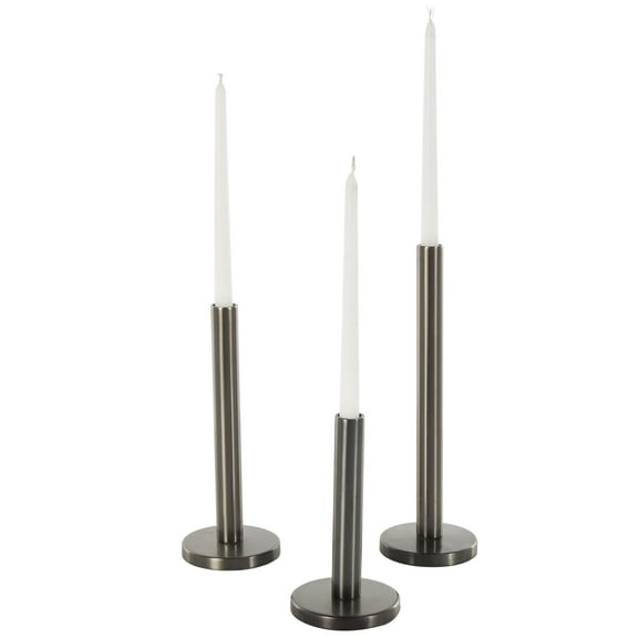 DecMode 3 Candle Black Stainless Steel Metal Slim Candle Holder with Round Base, Set of 3