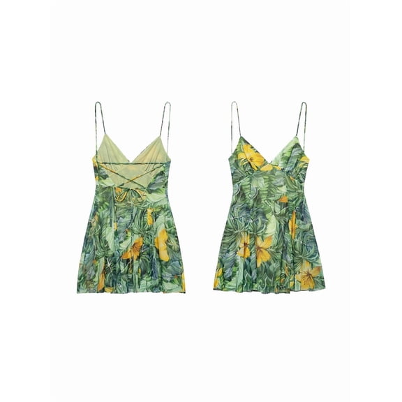 Women'S Print Mini Dress -Backless Slip Dress with Draped Detail, Party Short Dresses Green L