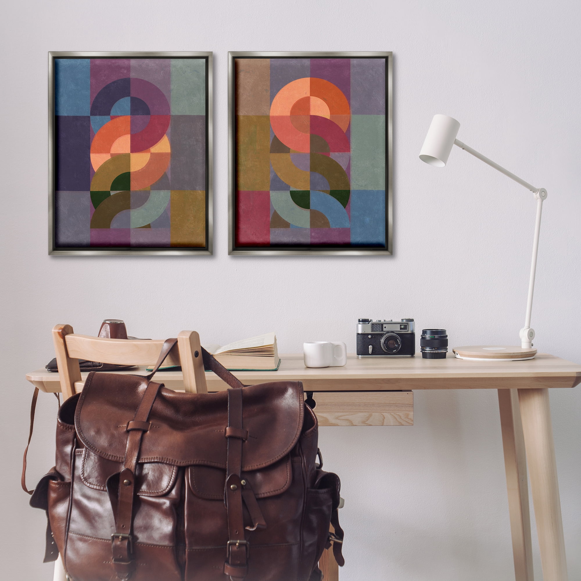 Stupell Industries Linked Circles Patterns Abstract Painting Gray Floater Framed Canvas Art Print Wall Art, 31 x 25, Set of 2