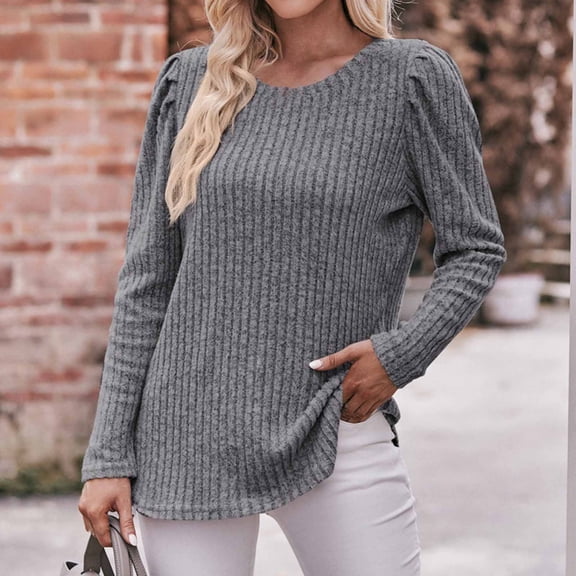 Oplxuo 2025 Fall Women's Knit Pullover Tops Casual Solid Long Sleeve Pleated Crewneck Loose Blouses Shirts