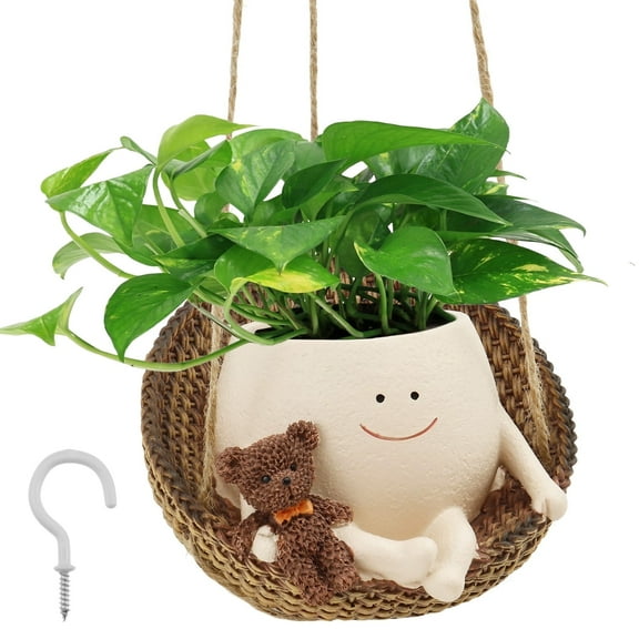 Swing Face Planter Pot Hanging Swinging Smiley Planter Cute Planter for Indoor and Outdoor Plants Succulent Planter for String of Pearls Plants Creative Swing Planter Gifts for Holidays and Parties