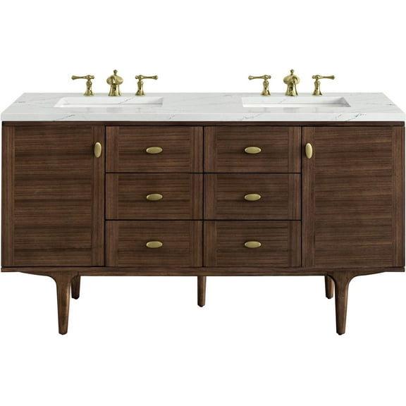 James Martin Vanities 60" Double Vanity, Mid-Century Walnut w/ 3 CM Eternal Jasmine Pearl Top