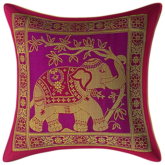 Stylo Culture Indian Elephant Floral Sofa Brocade Purple And Gold Throw Pillow Covers 12x12 Jacquard Weave Banarasi Modern Pillow Covers Decorative 30x30 cm Cushion Covers (1 Pc)