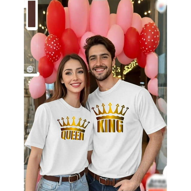 T-Shirts Imprimés Couronne "King" & "Queen" pour la Saint-Valentin - Col Rond Décontracté, Manches Courtes, Lavable en Machine - Parfait pour Célébration de Couples, T-Shirts de Saint-Valentin pour Adultes, Hommes, Femmes