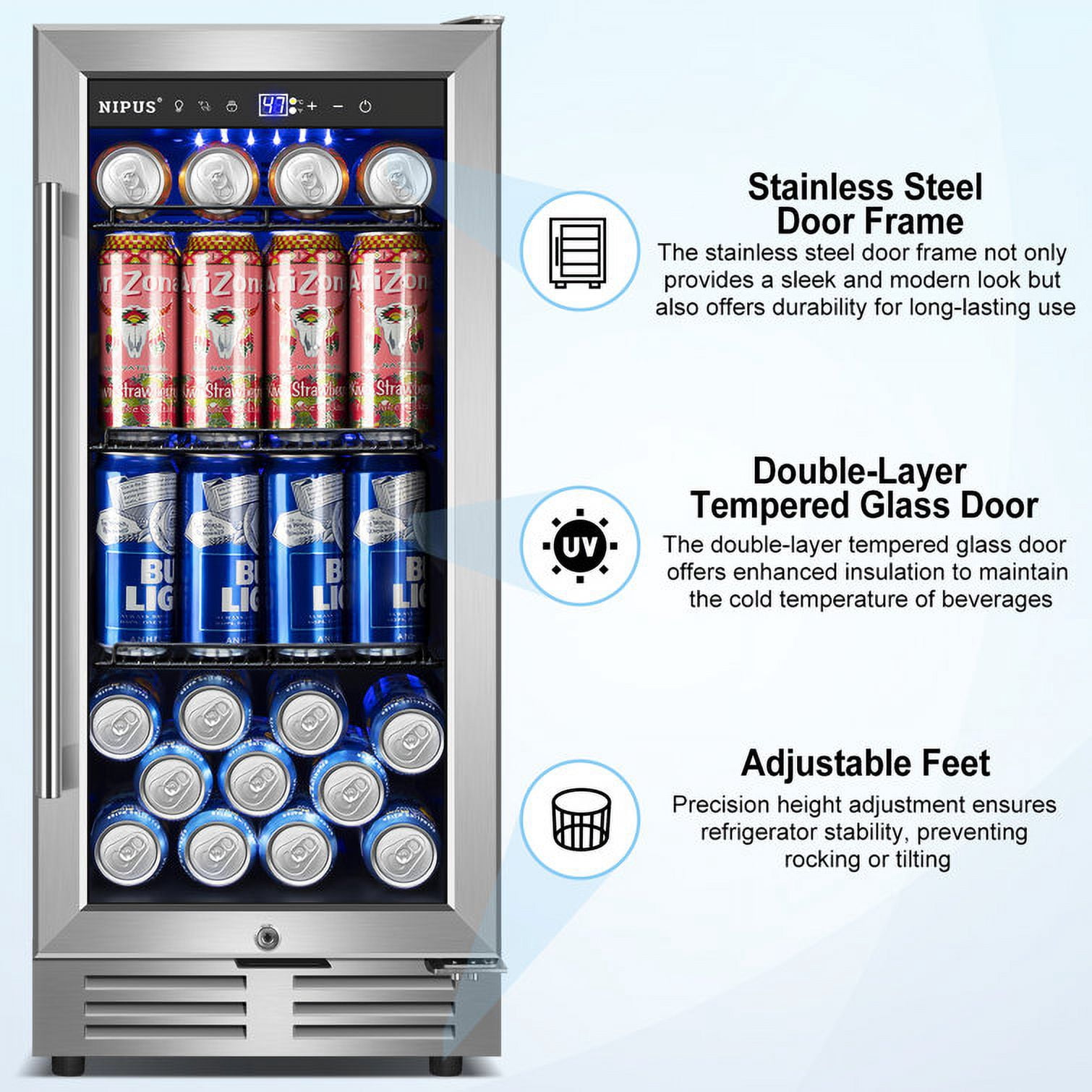 Nipus 15 inch 130 Can Beverage Fridge,Freestanding Built-in Wine Cooler with Glass Door