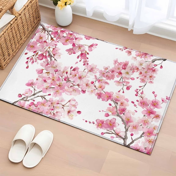 Bathroom Rugs 2x3 Ft, Spring Peach Flowers Non Slip Area Rugs for Kitchen Bedroom Entryway, Pink Botanical Floral Leaves Branch Washable Carpet Runner Rug Floor Mats for Bedroom Home Decor