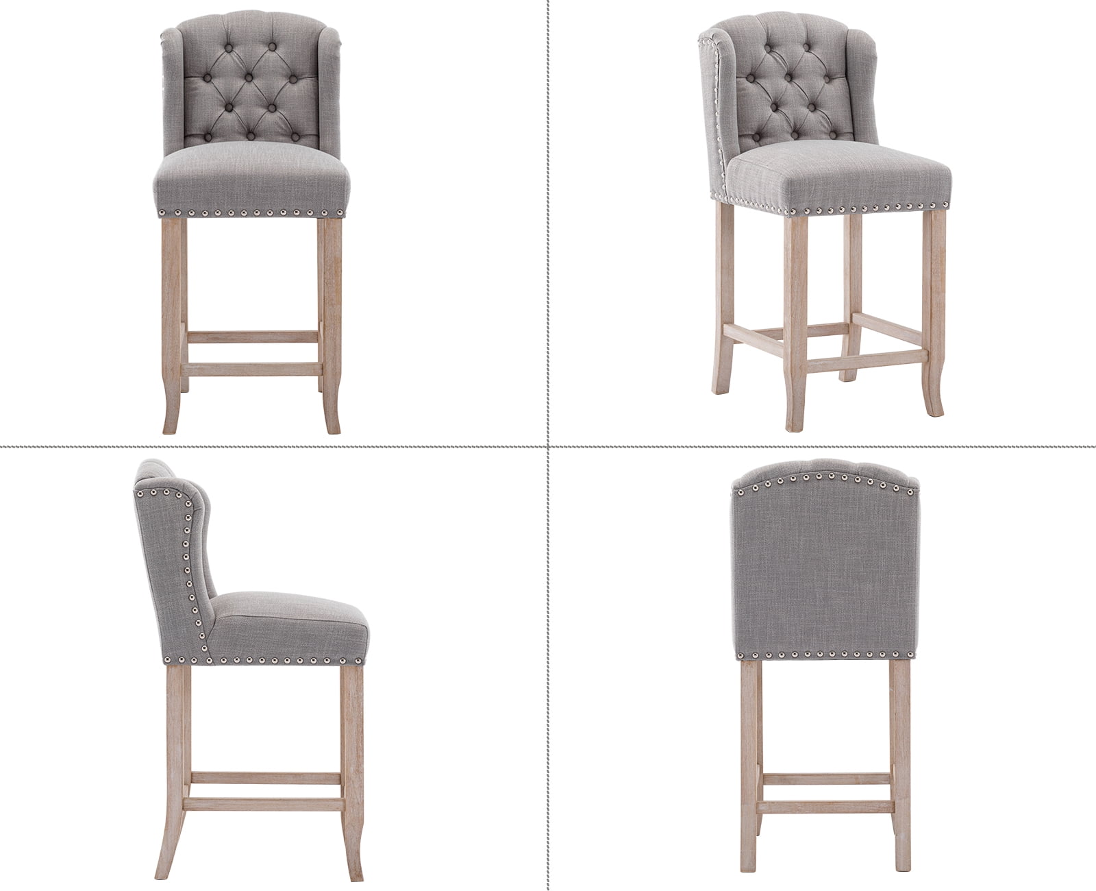 Guyou Modern Tufted Bar Stool Set of 2, 26" Counter Height Bar Stool with Back and Nailhead Trim, Linen Upholstered Solid Wood Kitchen Island Chair Barstools for Bar Restaurant Cafe Dining Room, Grey