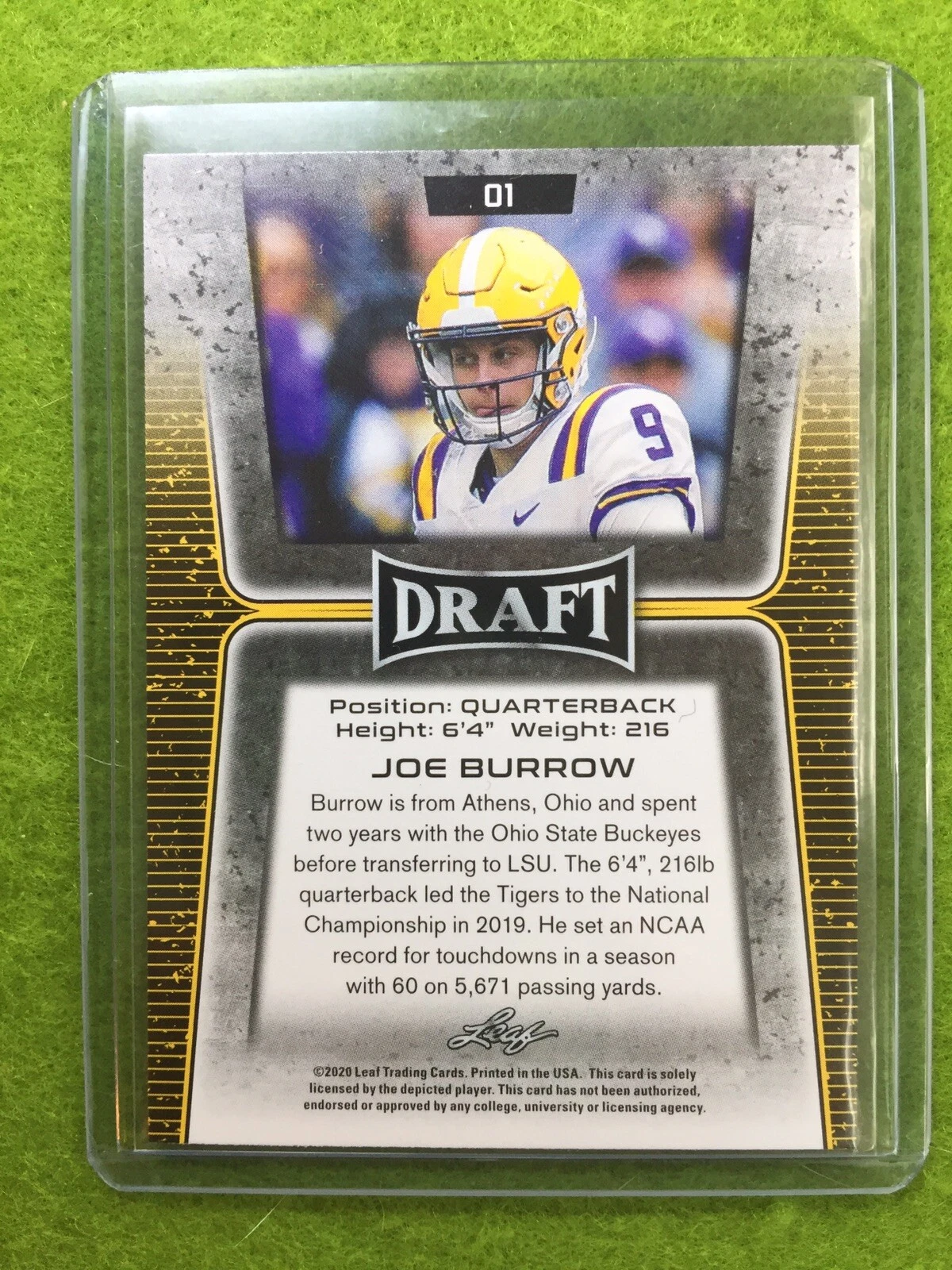 JOE BURROW ROOKIE CARD JERSEY #9 LSU RC 2020 Leaf Football CINCINNATI BENGALS
