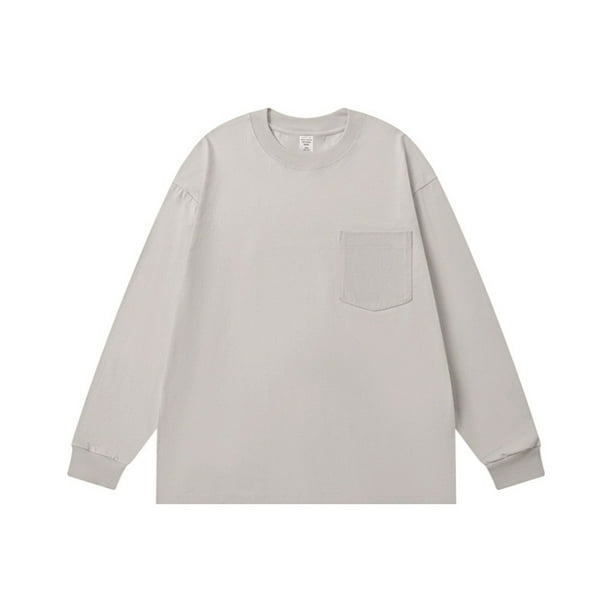 pstuiky Camisas para hombre de manga larga, Camiseta informal de manga larga con cuello redondo y bolsillos de color liso para hombre top de hombre l