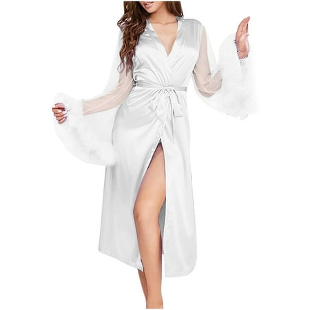 Valentine s Day Clearance Sale!YANHAIGONG Women Feather Lace Sleeve Robe  Plus Size Women Robes Clearance Mesh Patchwork Sexy Lace Lingerie Robe Sexy Robes for Women Christmas