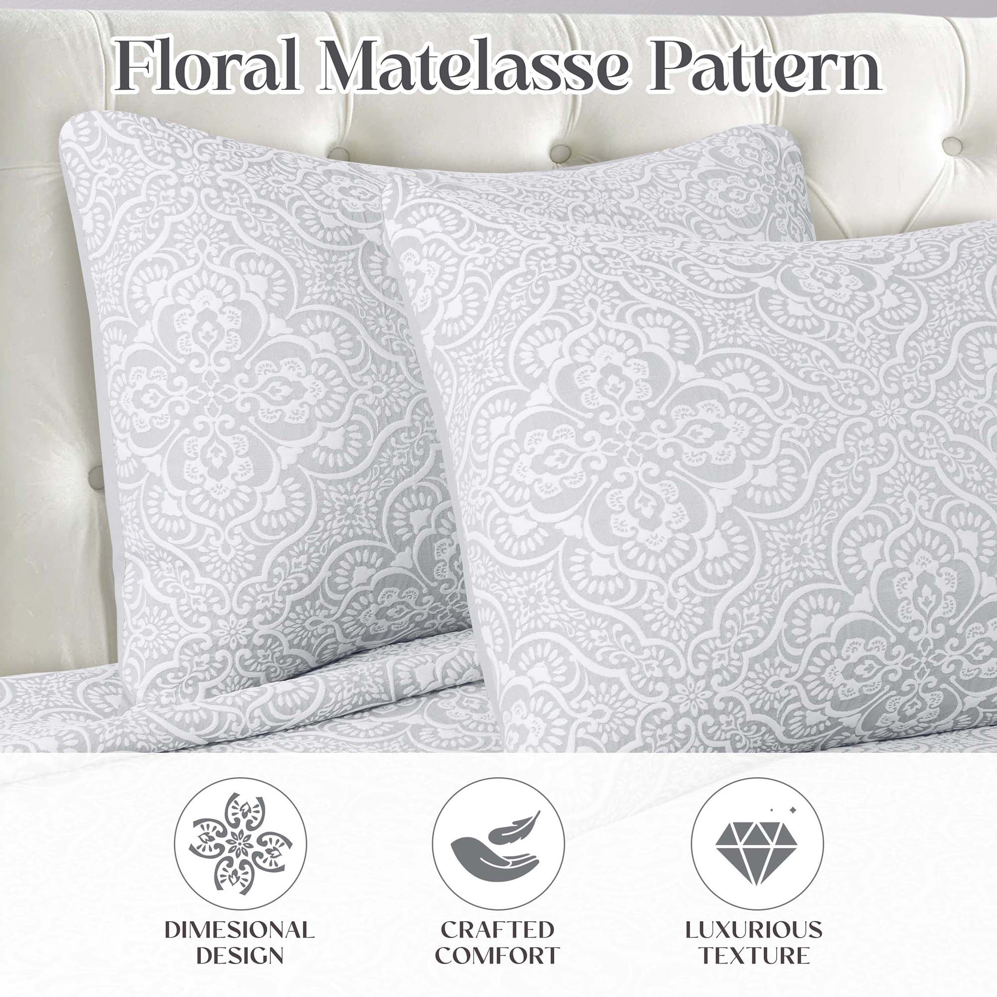 Superior Enzy Floral Matelasse Bedspread and Sham Set, 3-Piece Soft Textured Jacquard Bedspreads, California King, Silver