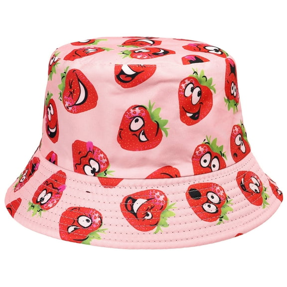 Pink Strawberry Women Reversible Bucket Hat Summer Travel Lightweight Foldable Beach Outdoor Hat