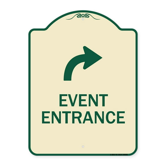 SignMission Designer Series Sign - Event Entrance (With Upper Right Arrow) | Tan & Green 18" x 24" Heavy-Gauge Aluminum Architectural Sign | Protect Your Business & Municipality | Made