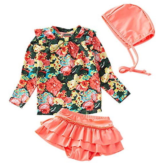 Styles I Love Toddler Little Girls Floral Print Rash Guard and Ruffle Bottoms with Swim Hat 3pcs Swimsuit Beachwear (Coral, 6)