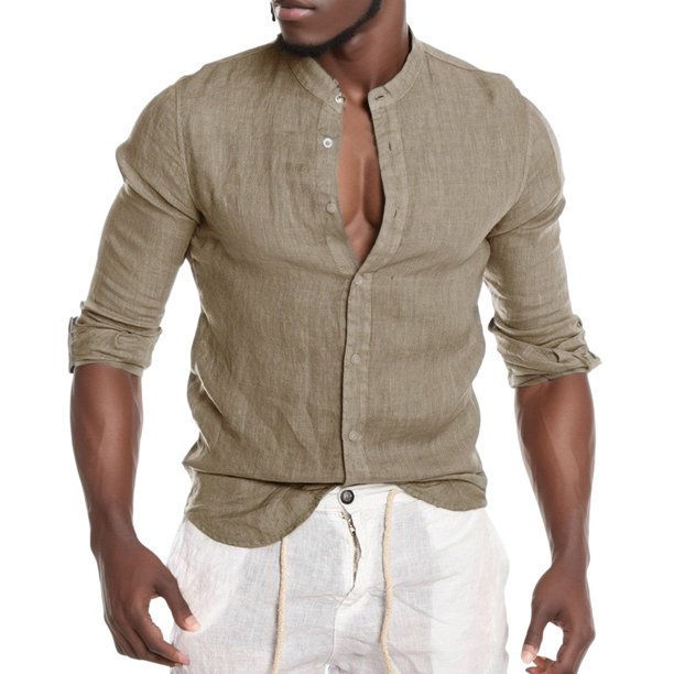 Camisa Hombre Botón sólido Fashion Casual Beach Blouse Men's O cuello Long Top Sleeve Men's blusa (Army Green, L)