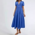 thumbnail image 2 of Lmnyox Summer Midi Dress for Women Puff Short Sleeve V Neck Dress Flowy Elastic Waist Dress, 2 of 5