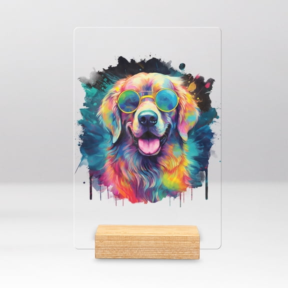 Hippie Golden Retriever Portrait oil painting Watercolor Tie-dye Vintage Acrylic Plaque Sign Ashwood Base Goldens Dog Lover Gifts Idea Home Desk Decor - 00015