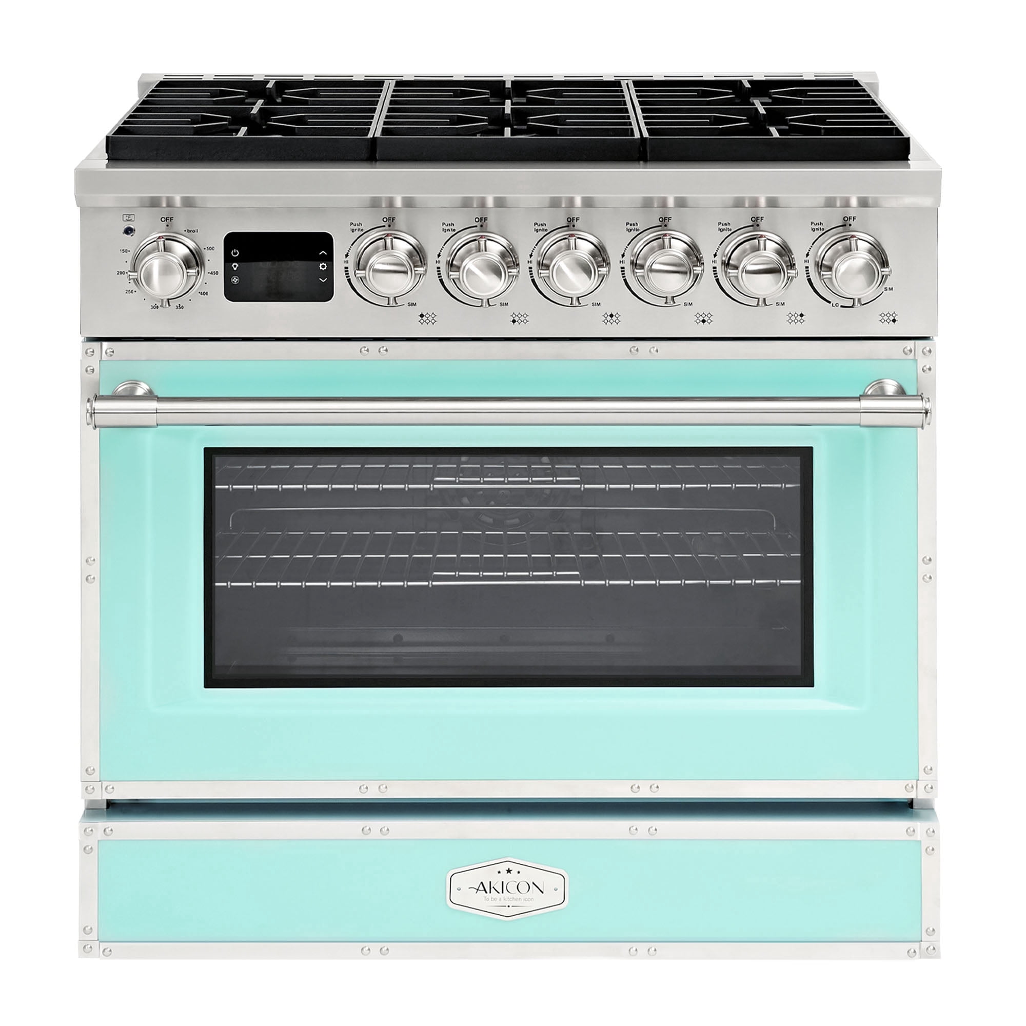 Akicon 36 Inch Freestanding Gas Range with 6 Burners, 4.2 Cu.Ft Convection Oven, Natural Gas & LP Convertible, ETL Certified, 5-Year Warranty Retro Turquoise Kitchen Stove