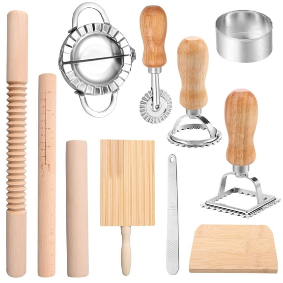 11Pcs Pasta Making Tools Kit Efficient Pasta Making Set with Wooden Threaded Rolling Pin Gnocchi Board Dough Cutter Dumpling Maker Multi Purpose Ravioli Pasta Maker Set for Kitchen
