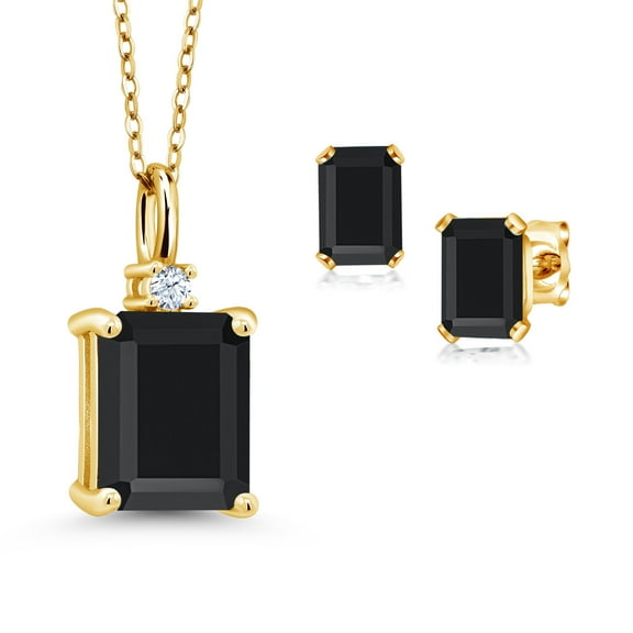 Gem Stone King 18K Yellow Gold Plated Silver Black Onyx Pendant and Earrings Jewelry Set for Women (4.28 Cttw, Gemstone December Birthstone, Emerald Cut 10X8MM and 6X4MM, with 18 inch Chain)