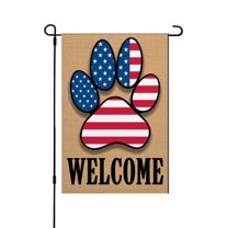 AMHNF American Flag Paw Print Welcome Linen Garden Flag 12x18 inch, Memorial Day Independence Day Yard Flag for Spring Summer Home Outdoor Garden Decoration