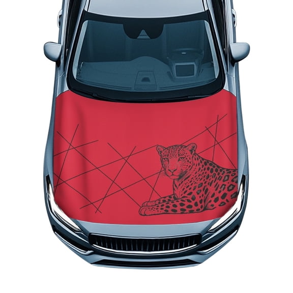 Chririnla Leopard Print Car Hood Cover - Red Geometric Accent Design - Waterproof & Stretchable Auto Exterior Decoration for Trucks, SUVs & Sedans