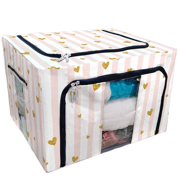 PKQWTM Gold Glittering Heart Confetti Striped Pattern Storage Bag Clear Window Storage Bins Boxes Large Capacity Foldable Stackable Organizer With Steel Metal Frame For Clothes,Closets, Bedrooms