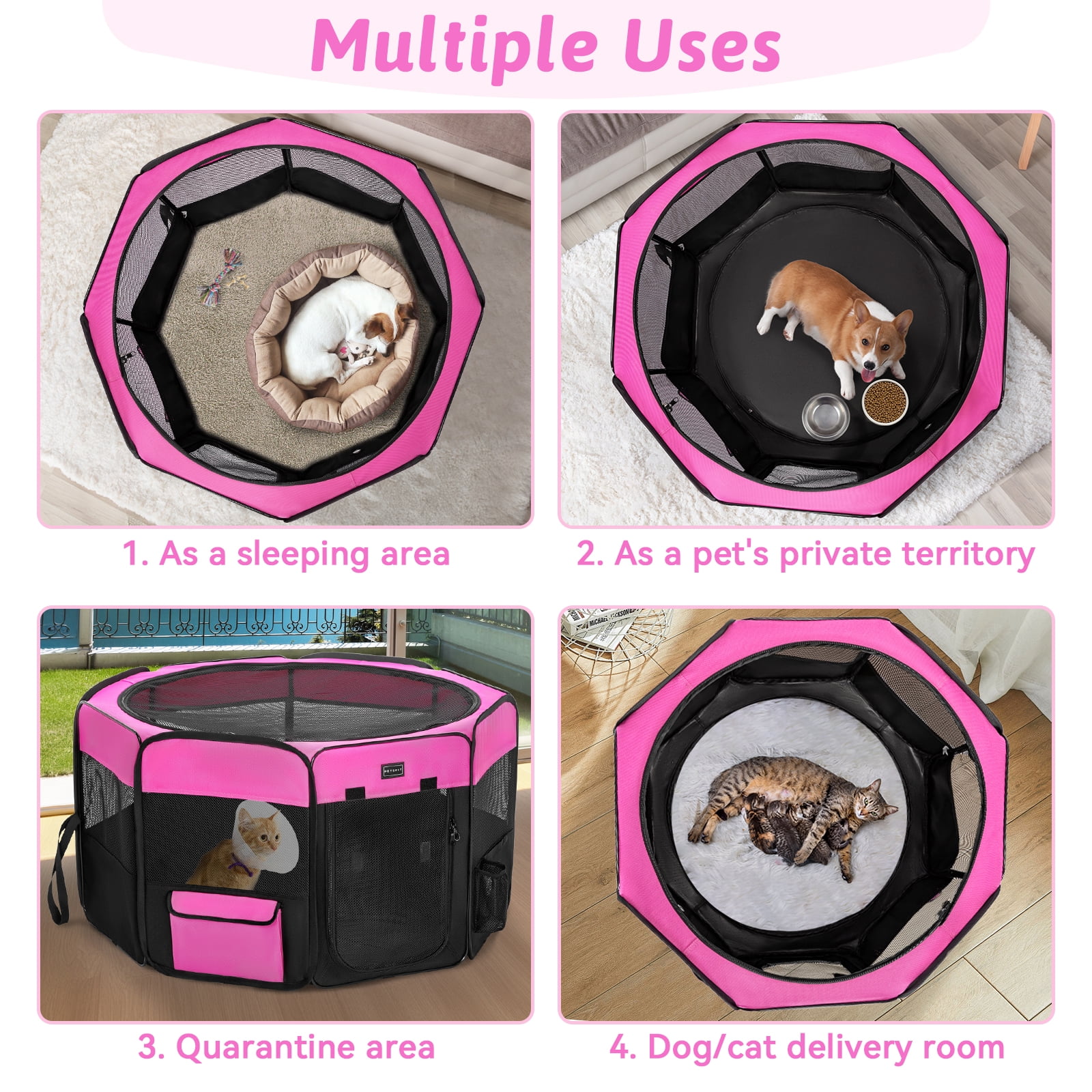 PETSFIT Portable Dog Playpen,36" Dog Play Pen Indoors with Removable Waterproof Mat & Zippered Roof | RV, Camping, Travel Dog Pen | Whelping & Cat Observation Space