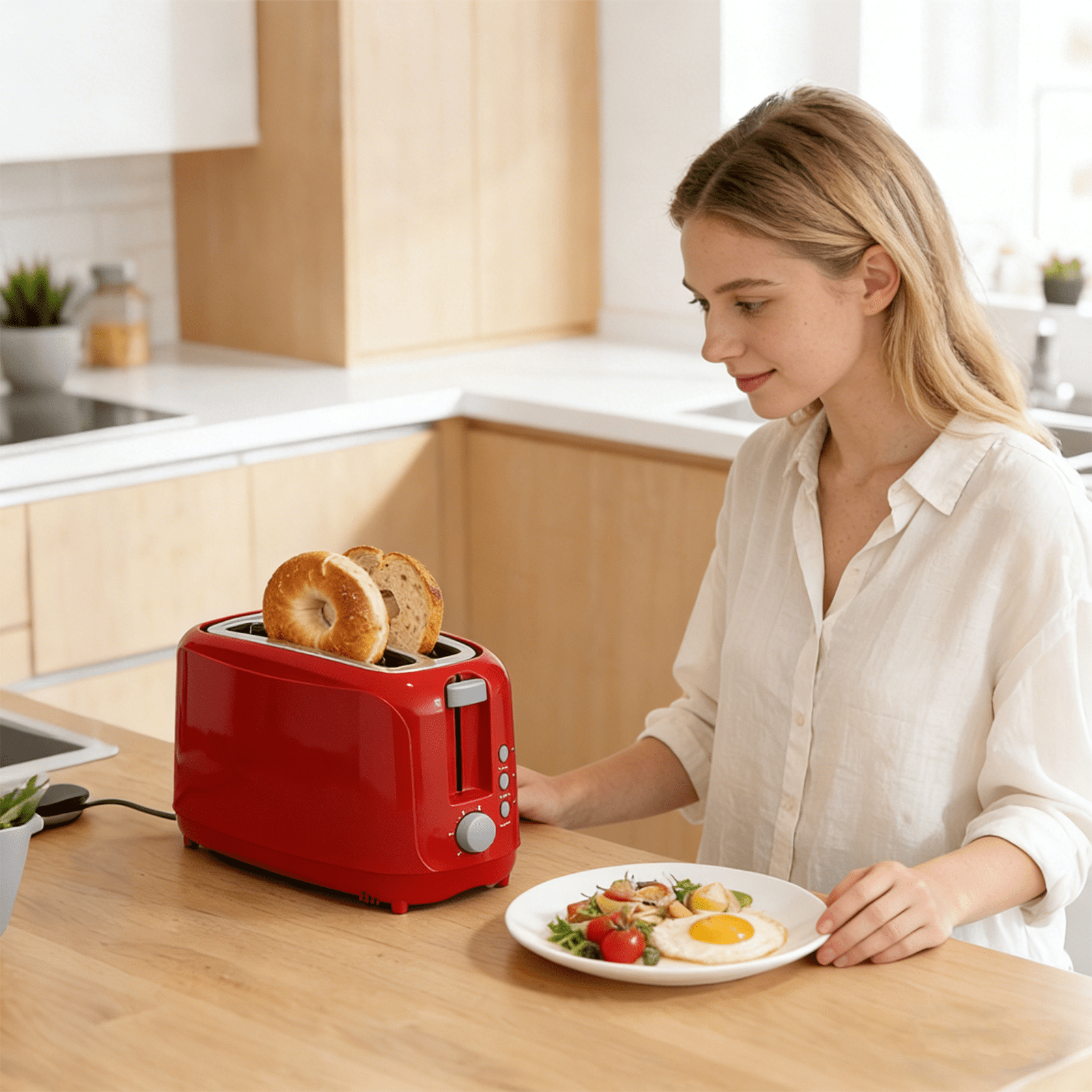 4 Slice Extra Long Slot Toaster with 6 Browning Levels & Defrost/Reheat Functions,Waffles,Red