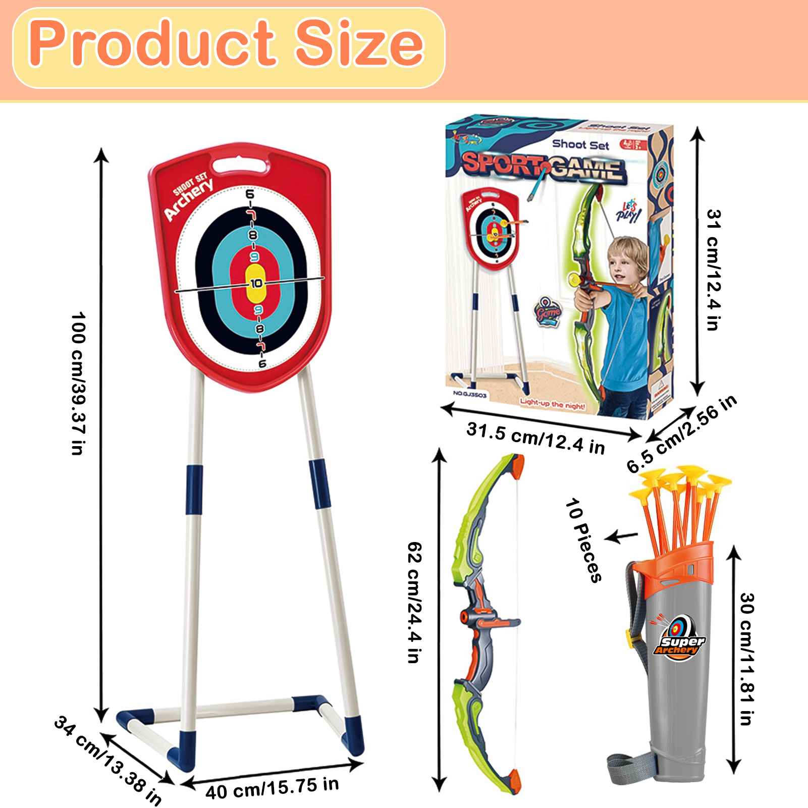 LINXUXIE Kids Bow and Arrow Set with LED Flash Lights, Archery Set with Standing Target,Indoor Outdoor Sport Gift for Boys and Girls Ages 3-12