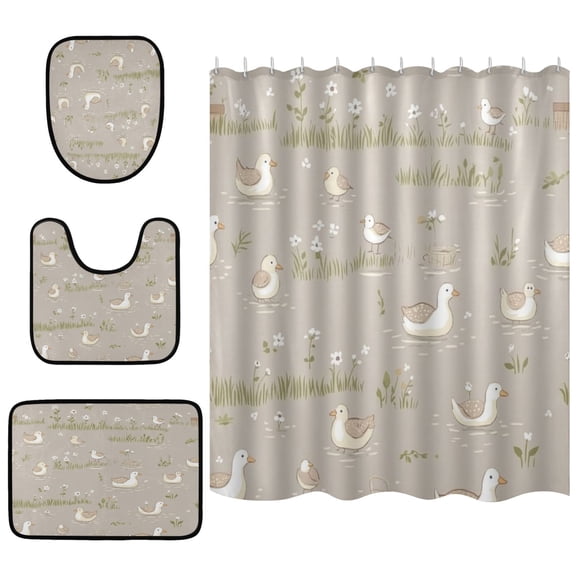 Duck Pond Scene Bathroom Accessory Curtain Sets Bath Curtain Anti-Slip Mats and Toilet Pad 66x72in