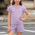 thumbnail image 2 of EnJoCho Girls Summer Outfit 2 Piece Kids Double Sleeve Button T-Shirt Baggy Cotton Elastic Waist Shorts Set Cute Casual Plain Outfit Girls Shirt and Shorts Set Kindergarten Starter Pack, 2 of 6