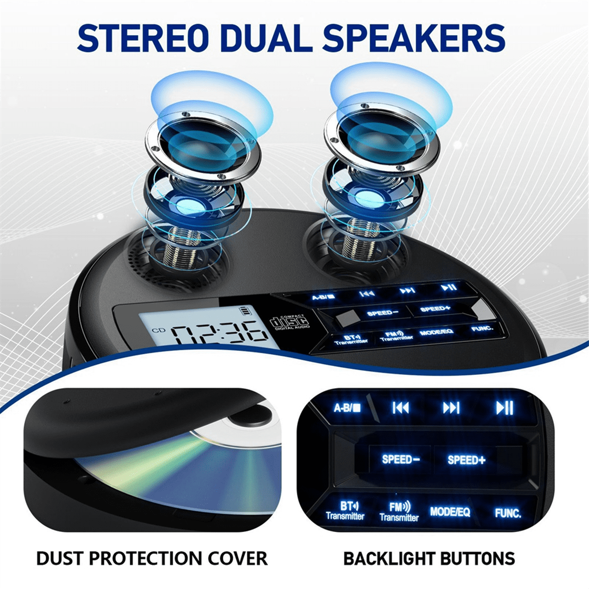Multifunctional Discman CD Player with Bluetooth, FM, Headphones, Repeater, Learning Machine, USB Stereo Speaker Black