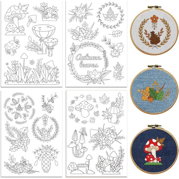 Water Soluble Embroidery Patterns for Beginners 4 Sheets with 33 Patterns Wash Away Embroidery Pattern Stabilizer for Hand Sewing Lover Women Adults (Pinecones and Leaves) DIY